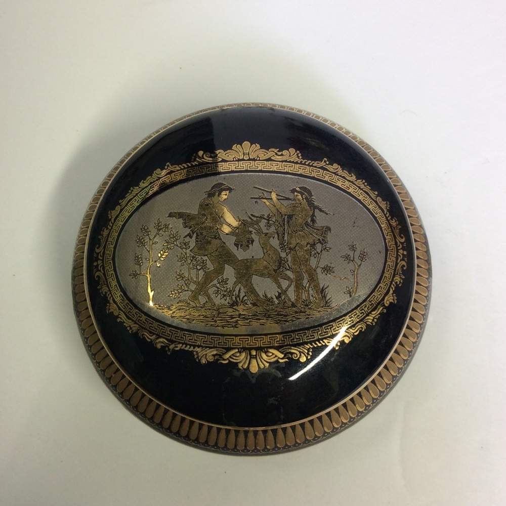 VTG Handmade Trinket Box Greece Black 24K Gold Paint
